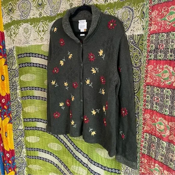Vtg 90's Christopher & Banks Green Hand Embroidered Cottage Cardigan Size Large - Picture 5 of 14